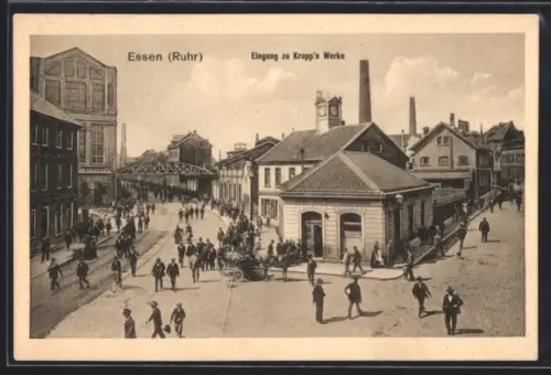 AK Essen /Ruhr, Eingang zu Krupp`s Werke aus der Vogelschau, Arbeiter