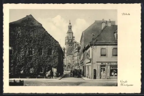 AK Döbeln, Grosse Kirchgasse, Rathaus, Geschäft Max Albrecht, Strassenkreuzung