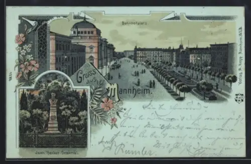 Lithographie Mannheim, Bahnhofplatz mit Strasse u. Anlage, Jean Becker-Denkmal