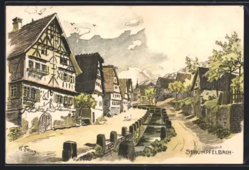 Künstler-AK Strümpfelbach, Fachwerkhäuser, Dorfstrasse, Bachlauf