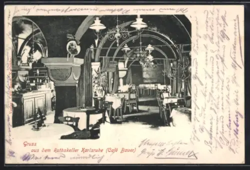 AK Karlsruhe, Ratskeller Café Bauer, Innenansicht