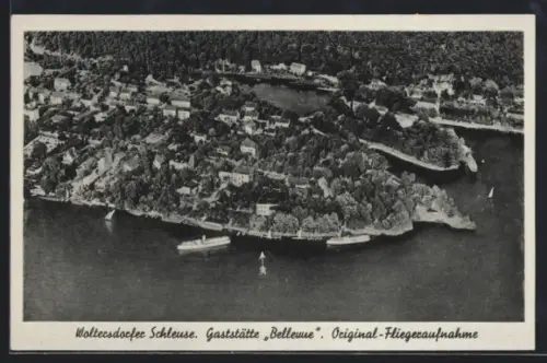 AK Woltersdorfer Schleuse, Ort u. Gasthaus Bellevue, Original-Fliegeraufnahme