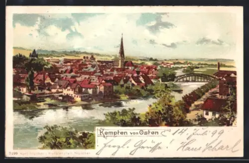 Lithographie Kempten, Ansicht von Osten mit Flusspartie u. Brücke