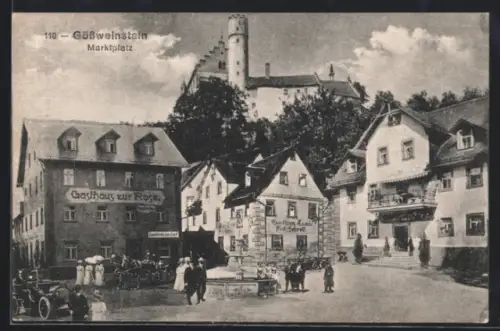 AK Gössweinstein, Marktplatz, Gasthaus zur Rose, Gasthaus Traube, Burg, Brunnen