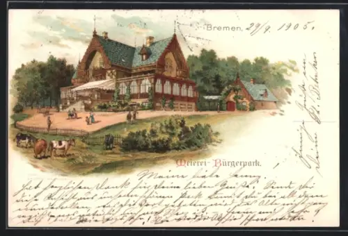 Lithographie Bremen, Meierei Bürgerpark, mit weidenden Kühen