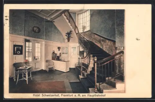 AK Frankfurt a. M., Hotel Schweizerhof am Hauptbahnhof, Innenansicht Treppenhaus