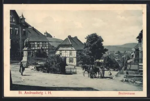 AK St. Andreasberg i. H., Breitestrasse, Denkmal, Fachwerkhäuser, Panorama