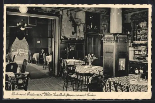 AK Dortmund, Restaurant Wilh. Weber, Friedrich- Ecke Josefstrasse, Gesellschaftszimmer, Durchblick zum Garten