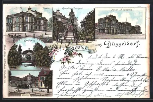 Lithographie Düsseldorf, Jägerhof, Kunsthalle, Cornelius-Denkmal, Kunst-Akademie