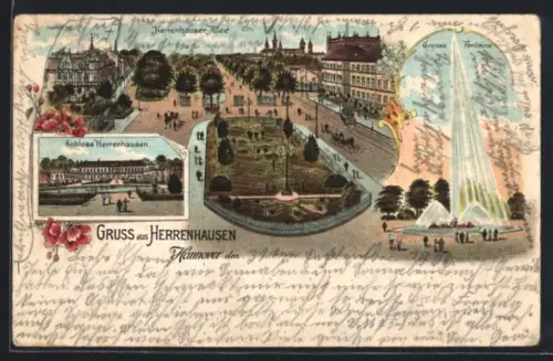Lithographie Herrenhausen, Herrenhäuser Allee, Schloss Herrenhausen, Grosse Fontaine