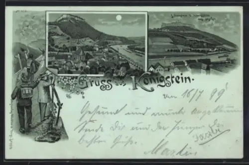 Mondschein-Lithographie Königstein, Teilansicht mit Kirche, Lilienstein