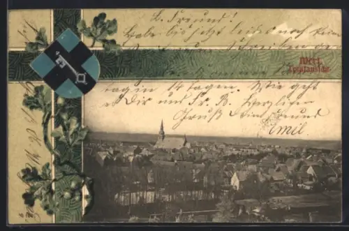 Lithographie Werl, Totalansicht, Wappen mit Eichenzweig