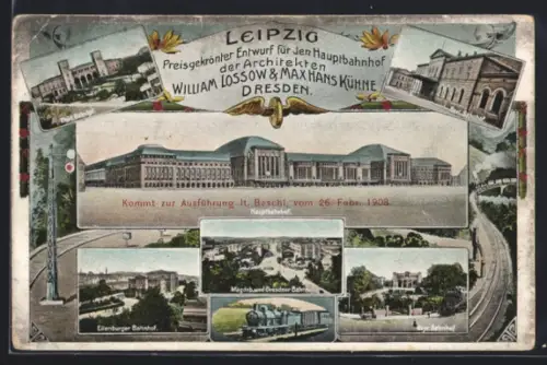 AK Leipzig, Blick auf den Hauptbahnhof 1908, Eilenburger Bahnhof & Thür. Bahnhof