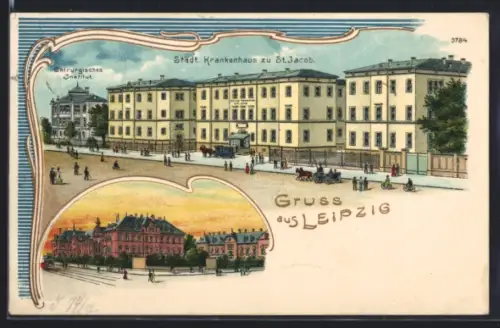 Künstler-AK Leipzig, Städtisches Krankenhasu zu St. Jacob und Chirurgisches Institut, Strassenpartie mit Strassenbahn