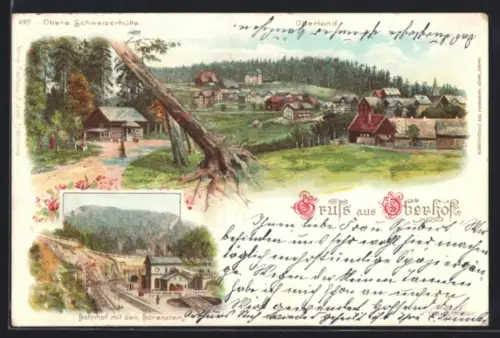 Lithographie Oberhof, Oberland, Obere Schweizerhütte, Bahnhof mit dem Bärenstein