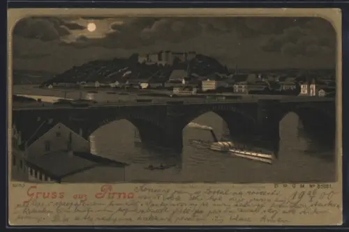 Mondschein-Lithographie Pirna, Schloss mit Brücke