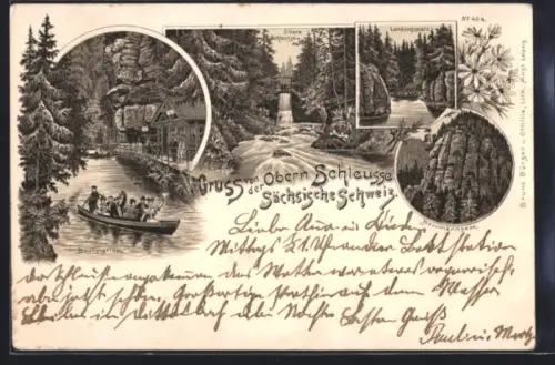 Lithographie Hermannseck / Sächsische Schweiz, Bootstation mit Steg, Obere Schleuse mit Brücke, Landungsplatz