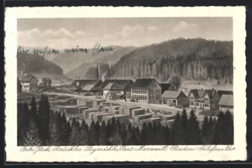 Künstler-AK Marxzell /Baden, Gasthaus Brückles-Sägemühle der Gebr. Jäck
