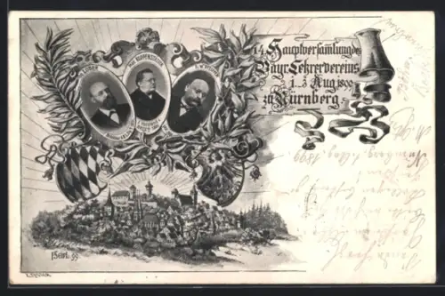 Künstler-AK Nürnberg, 14. Hauptversammlung des Bayr. Lehrervereins 1899, G. Lober, F. W. Pfeiffer