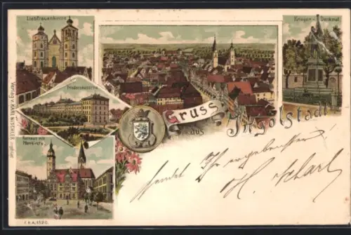Lithographie Ingolstadt, Liebfrauenkirche, Friedenskaserne, Rathaus mit Pfarrkirche