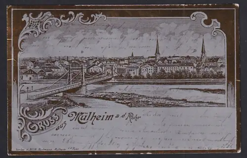 Metallfolie-AK Mülheim a. d. Ruhr, Teilansicht mit Brücke