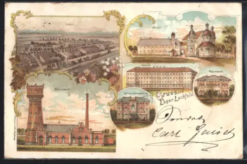 Lithographie Lager Lechfeld, Kloster, Wasserwerk, Kaserne