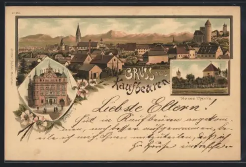 Lithographie Kaufbeuren, Teilansicht, Rathaus, Hexen-Turm