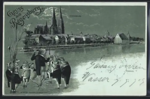 Mondschein-Lithographie Regensburg, Teilansicht mit Kirche, Singende Frösche