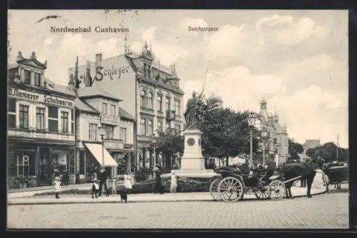 AK Cuxhaven / Nordseebad, Deichstrasse mit Schuhwarengeschäft und Denkmal