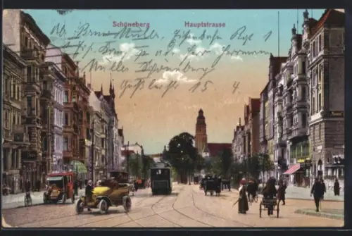 AK Schöneberg, Hauptstrasse mit Kirche und Strassenbahn