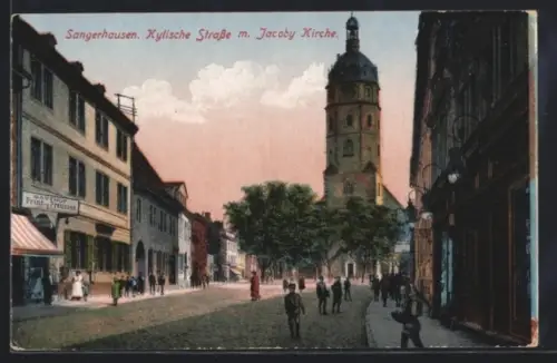 AK Sangerhausen, Kylische Strasse mit Gasthof Prinz von Preussen und Jacoby-Kirche