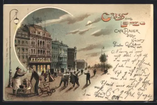 Lithographie Leipzig, Strassenpartie am Café Bauer