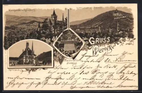 Lithographie Wernigerode, Ortsansicht vom Agnesberg aus gesehen, Blick auf Schloss und Rathaus