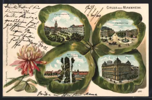 Passepartout-Lithographie Mannheim, Paradeplatz, Kaiserring, Post, Kleeblatt