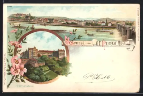 Lithographie Pirna /Elbe, Sonnenstein, Totalansicht von der Elbe