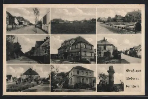 AK Röderau bei Riesa, Sparkasse, Strassenpartien, Denkmal