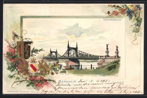 Passepartout-Lithographie Mannheim, Neckarbrücke, Wappen