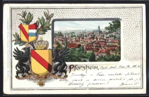 Passepartout-Lithographie Pforzheim, Totale des Ortes, Wappen, Greife