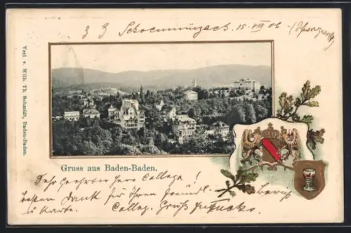 Passepartout-Lithographie Baden-Baden, Ortspartie, Wappen