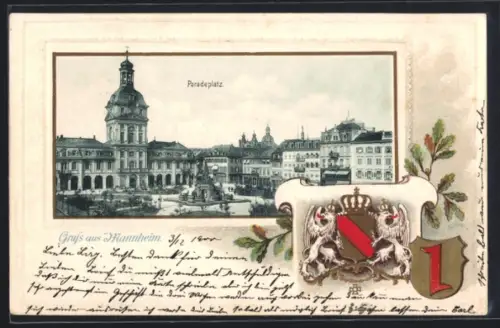 Passepartout-Lithographie Mannheim, Paradeplatz mit Denkmal u. Turm, Wappen