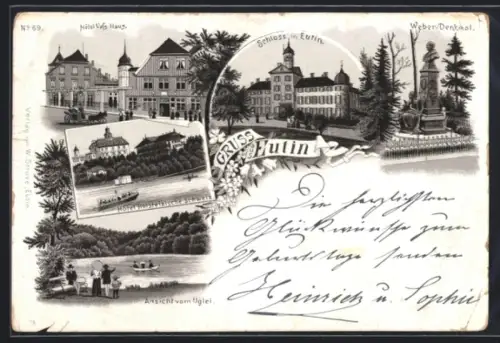 Lithographie Eutin, Hotel Holsteinische Schweiz, Schloss, Weber-Denkmal