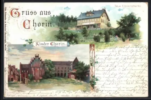 Lithographie Chorin, neue klosterschänke und Kloster Chorin