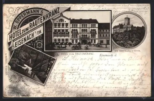 Lithographie Eisenach, Hotel zum Rautenkranz, Wartburg v. Osten, Annathal