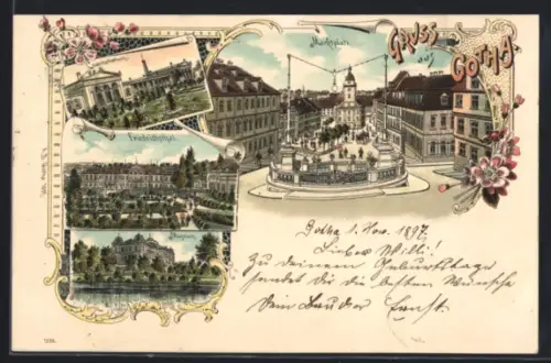 Lithographie Gotha, Crematorium, Friedrichsthal, Marktplatz