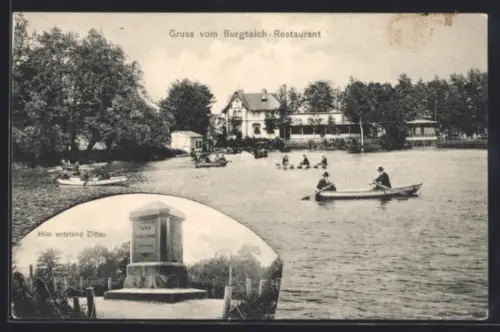 AK Zittau, Burgteich-Restaurant, Gedenkstein Hier entstand Zittau