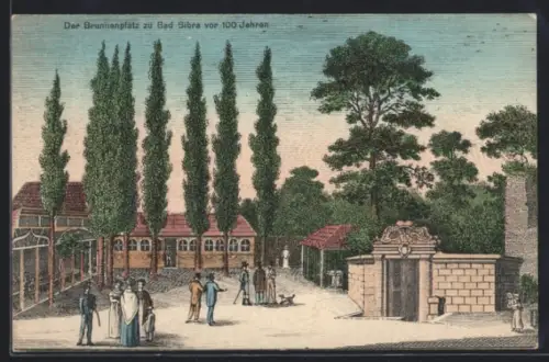 Künstler-AK Bad Bibra, Brunnenplatz vor 100 Jahren