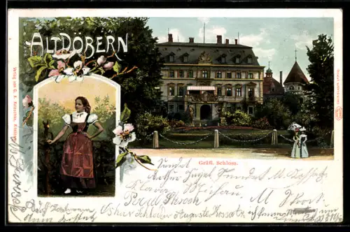 AK Altdöbern, Gräfl. Schloss, Mädchen in Tracht