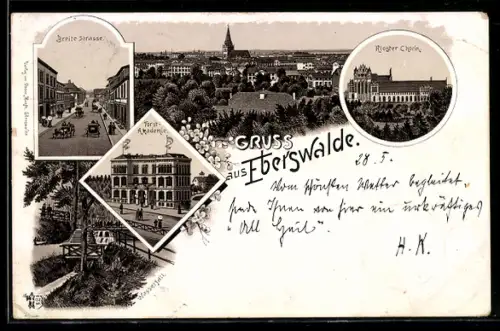 Lithographie Eberswalde, Breite Strasse, Forstakademie und Kloster Chorin