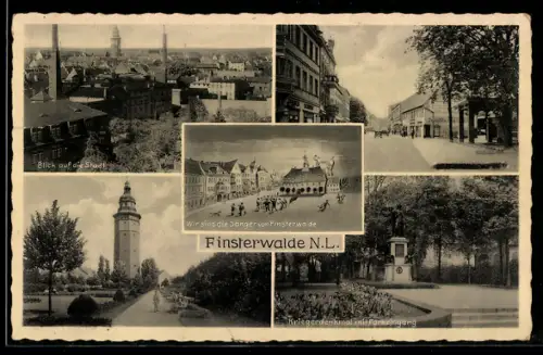 AK Finsterwalde /N.-L., Hindenburg-Platz, Strasse, Kriegerdenkmal mit Parkeingang