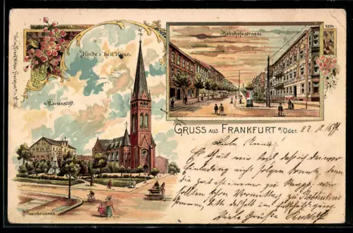 Lithographie Frankfurt a. Oder, Bahnhofstrasse, Marienstift und Kirche zum heil. Kreuz